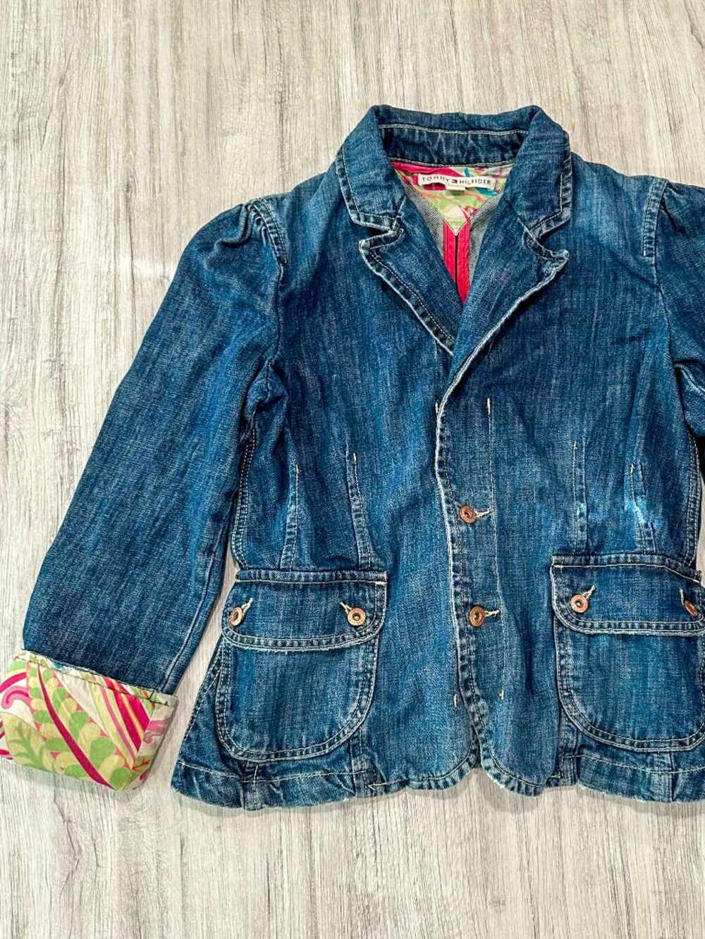 Vintage Tommy Hilfiger Women's Size 10 Denim Blazer Jacket Blue Floral Cuffs